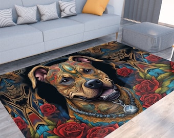 Tattoo Pit Bull Terrier, Dog Mat, Pet Rug, Floral ,Felt Floor Mat ,Custom,Designer, Thick Mat, Gift, Non-Slip, Bohemian, Japanese Ink Boho
