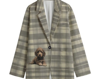 Cavapoo Windowpane Plaid Dog Blazer, Women's Cotton Blazer, Suit Jacket, Sport Coat, Plus Sizes, Designer Luxury, Event Jacket, Tartan Brown
