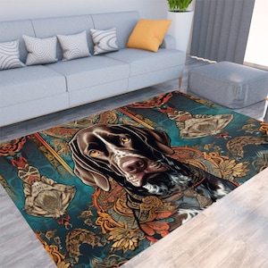 May include: A colourful area rug featuring an illustration of a brown and white dog. The dog is surrounded by intricate floral and geometric patterns in shades of blue, green, orange, and gold.