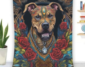 Boho Pit Bull Dog Minky Deken, Pluche Eclectische Gooi, Floral Tattoo Cover, Knuffelige Sprei, Leuk Cadeau, Aangepast Ras, Boho Home Decor