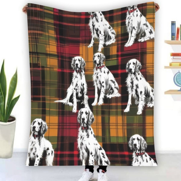 English Setter Tartan Plaid Dog Minky Blanket, Plush Bohemian Throw, Blackwatch Cover,Cuddly Bedspread , Cute Gift, Custom Breed, Home Decor
