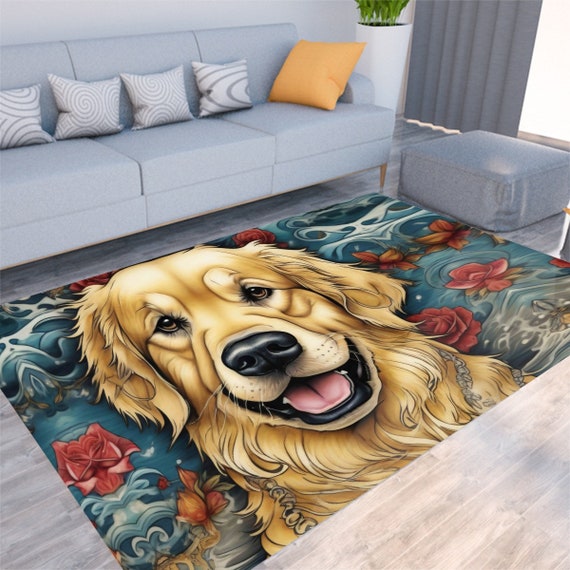 タトゥー ゴールデンレトリバー、犬用マット、ペット用ラグ、花柄
