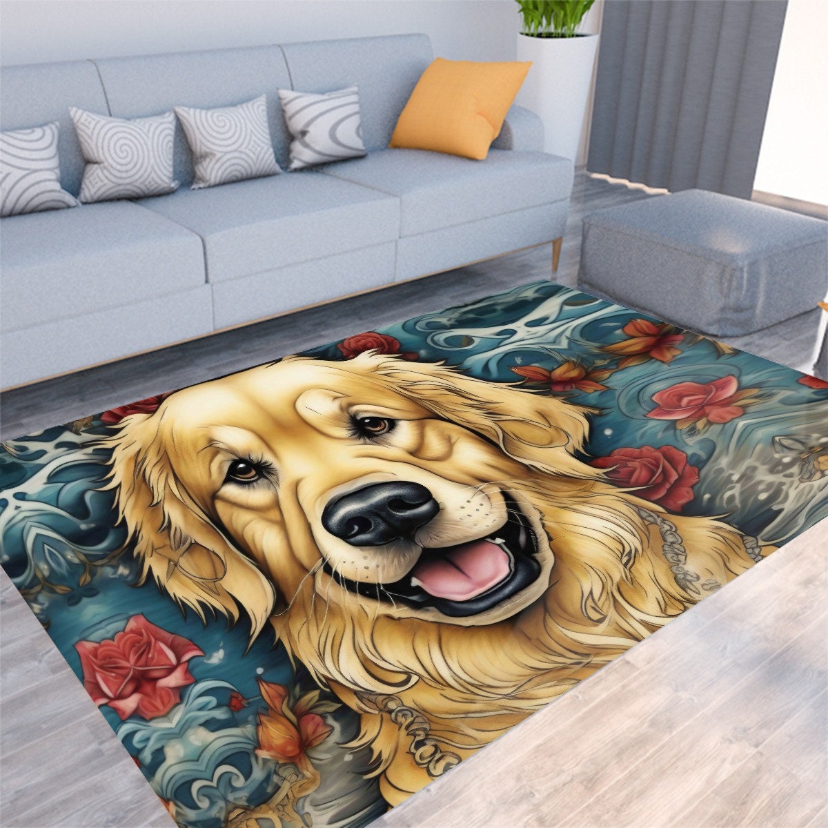 タトゥー ゴールデンレトリバー、犬用マット、ペット用ラグ、花柄