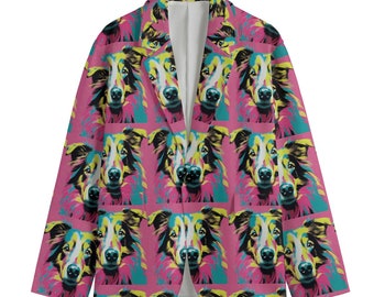 Pop Art Collie Dog Blazer, Men's Cotton Blazer, Sport Coat, Smoking Jacket, Dinner Jacket, Plus Sizes, Designer Luxury. Modern Art Pink