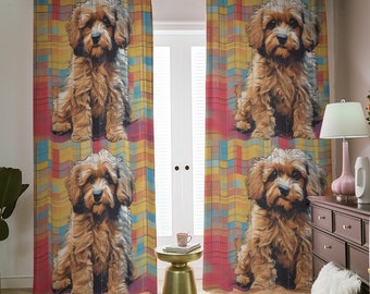 Puppy Plaid Blackout Curtains, Cavadoodle Dog, 2 Opaque Panels Drapes, Room Shades, Light Blocking, Lumberjack Lodge, Cavapoo Rod Pocket