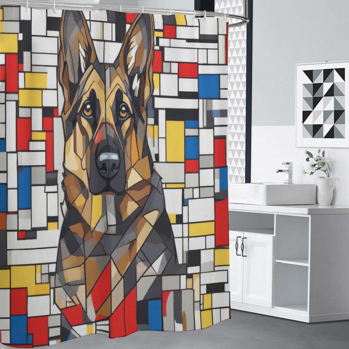 De Stijl Dog Shower Curtain, Mid Century Modernist Custom Dog Breed Shower Curtain, German Shepherd Home Decor, Heavyweight Opaque, Gift