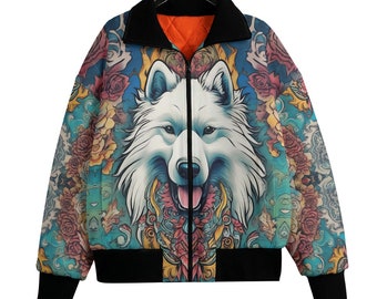 Samoyed Tattoo Dog Bomber Jacket, Custom Dog Coat Custom Breed,Floral Graffiti Festival Gift Unisex Streetwear Floral Lapel, Japanese Tattoo