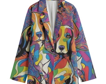 Psychedelic Beagles Dog Blazer, Women's Cotton Blazer, Suit Jacket, Sport Coat, Plus Sizes, Designer Luxury, Event Jacket Rainbow Trippy