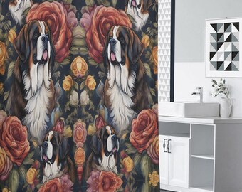 Luxury Floral Dog Shower Curtain, Custom Dog Breed Shower Curtain,Saint Bernard Home Decor, Floral Heavyweight Waterproof Fabric, Gift