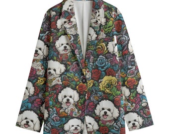 Bichon Frisé Floral Tattoo Dog Blazer, Women's Cotton Blazer, Suit Jacket, Sport Coat, Plus Sizes, Designer Luxury, Event Jacket Streetwear