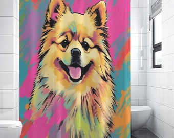 Tenda da doccia Pop Art con cane, tenda da doccia personalizzata con razza di cane, Pomerania, decorazione per la casa, tessuto pesante opaco impermeabile, regalo per la casa