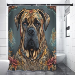 Bullmastiff Dog Shower Curtain, Custom Dog Breed Shower Curtain, Home Decor, Heavyweight Opaque Waterproof, Tattoo, Floral Animation Art