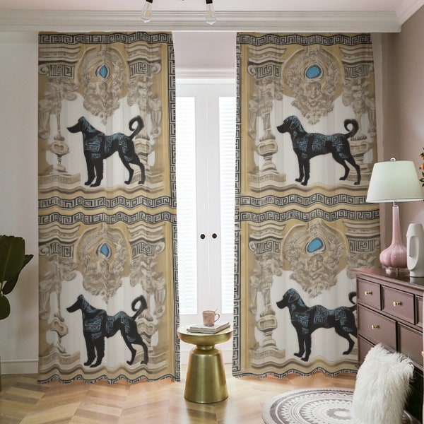 Baroque Greek Key Blackout  Curtains, Molossian Dog, 2 Opaque Panels Drapes, Room Darkening Shades, Light Blocking, Lumberjack Lodge Red