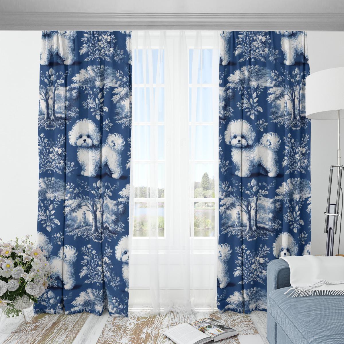 Bichon Frisé Toile De Jouy Dog Blackout Curtain Blue Floral Drapes