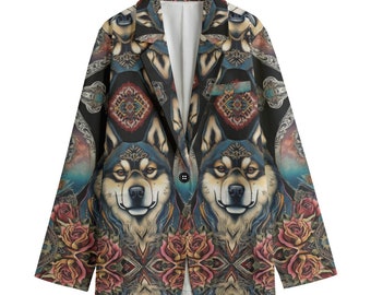 Bohemian Akita Dog Blazer, Women's Cotton Blazer, Suit Jacket, Sport Coat, Plus Sizes, Designer Luxury, Event Jacket, Exotic Totem Spiritual