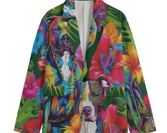 Psychedelic Rainbow Pit Bull Terrier Dog Blazer, Men's Cotton Blazer, Sport Coat, Smoking Jacket, Dinner Jacket Big Sizes, Tropical Hawaiian