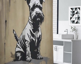 Tenda da doccia con cane Schnauzer, graffiti, arte urbana, tenda da doccia personalizzata con razza di cane, decorazione per la casa, pesante, opaca, impermeabile, serigrafata