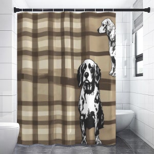 May include: A shower curtain featuring a plaid pattern in shades of brown and beige. The curtain is adorned with black and white illustrations of dogs. The dogs are in different poses, adding a playful touch to the bathroom decor.