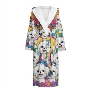 Emoji maltese hond pluche badjas, badjas met capuchon, uniseks badjas, dik knuffelbaar, grote maten, cadeau, regenboog, anime, cartoon, bloemen, lounge, kleurrijk