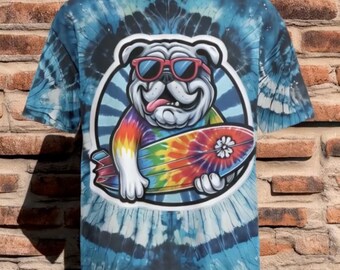 Blue Bulldog Surfer Dog Shirt Cotton Tie Dye Oversized Tee Tie