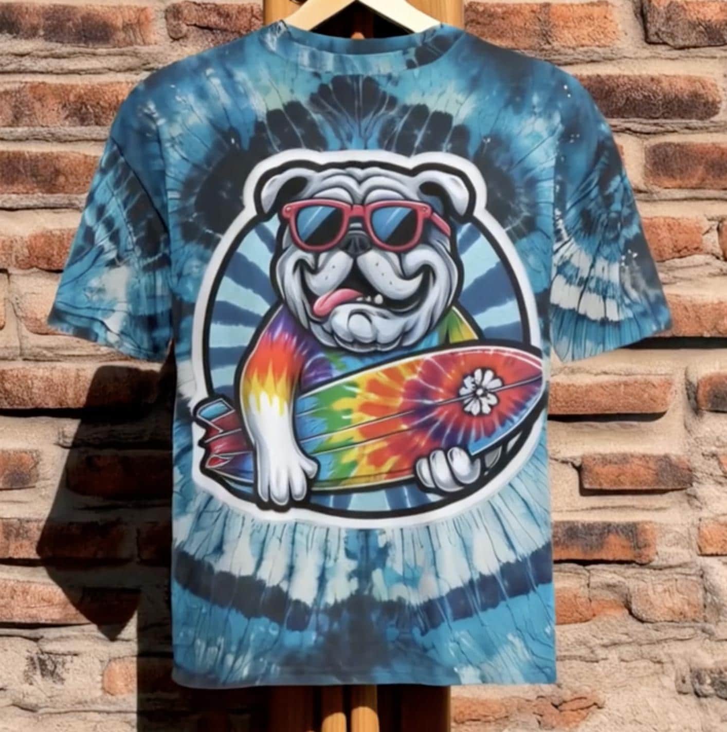 Blue Bulldog Surfer Dog Shirt Cotton Tie Dye Oversized Tee Tie