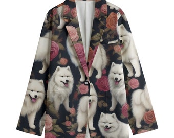 Victorian Samoyed Floral Dog Blazer, Women's Cotton Blazer, Suit Jacket, Sport Coat, Plus Sizes, Designer Luxury, Event Jacket Cottagecore