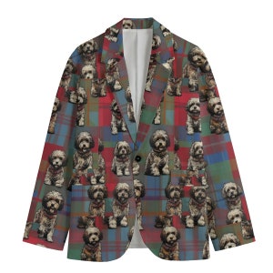 May include: A red, blue, and green plaid blazer with a pattern of small brown dogs. The blazer has a button closure and two pockets.