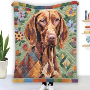 Coperta patchwork in minky con motivo Vizsla, coperta boho in peluche, copriletto Cottagecore, soffice copriletto, regalo carino, razza personalizzata, decorazione floreale per la casa