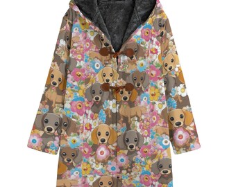 Dachshund Emoji Dog Cotton canvas jacket, Hooded Coat, Faux fur lined ,Insulated outerwear, Urban Streetwear, Unisex Cloak, Harajuku Cute