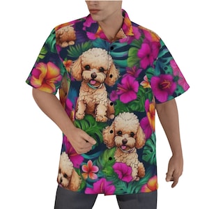 Poodle Dog Cotton Hawaiian Shirt, Men's Aloha Button Up Shirt, Gift, Floral, Handmade, Statement Custom Breed, Bowling, Puppy, Anime,Cartoon