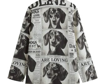 Newsprint Dachshund Dog Blazer, Women's Cotton Blazer, Suit Jacket, Sport Coat, Plus Sizes, Designer Luxury, Event Jacket, Newsprint Journal