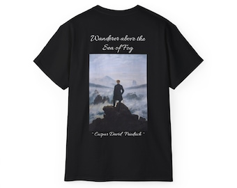 Caspar Friedrich Wanderer Above Sea Fog Camiseta de arte clásico Colección de arte vintage Camiseta estética Camiseta oscura Academia Pintura Camisa