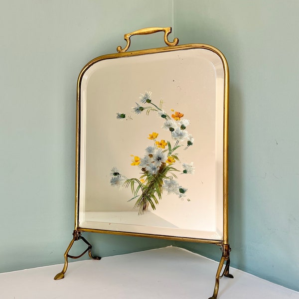Vintage Firescreen - Gold Frame - Mirrored Face Handpainted Flowers