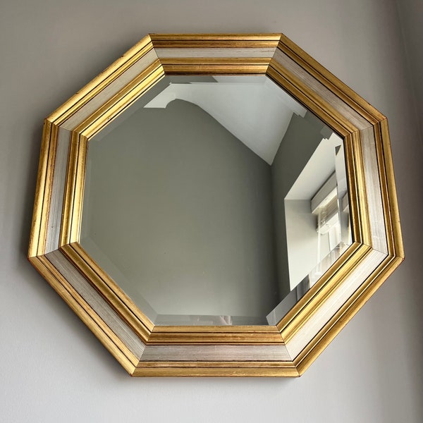 Mirror, Large Octagon Antique Style Mirror in Gold Wooden Frame