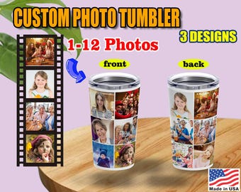 May include: A white stainless steel tumbler with a customizable design. The tumbler has a lid and is decorated with a collage of 12 photos. The text "1-12 Photos" and "3 Designs" is visible on the image. The tumbler is shown on a brown surface.