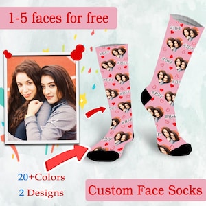 May include: Pink custom face socks with a heart pattern and the text "#BFF" repeated throughout. The socks feature a design of two people's faces. The image shows a close-up of the socks and a photo of two people that can be used to create the custom socks.
