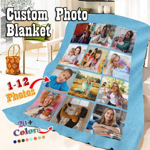 May include: A blue fleece blanket featuring a collage of 12 photographs of people. The blanket has the text "Custom Photo Blanket" and "1-12 Photos" printed on it. There are 20+ colours available.