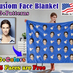 Op de afbeelding: Een blauwe fleece deken met een patroon van herhaalde gezichten en badminton shuttlecocks. De tekst "Custom Face Blanket" staat bovenaan de afbeelding. De tekst "50+ Patterns" staat onder de eerste regel tekst. De tekst "20+ Colors" staat linksonder in de afbeelding. De tekst "1-5 Faces are Free" staat onderin het midden van de afbeelding. De tekst "Made in USA" staat rechtsboven in de afbeelding.
