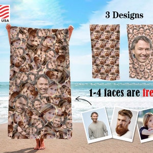May include: A beach towel with a design of many faces. The text "3 Designs" and "1-4 faces are free" is visible on the image.