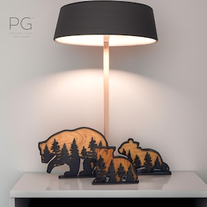 Handmade wooden bear family with forest silhouette Decorative item for nature lovers, living room and office Unique art