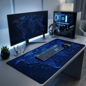 Dark Blue High Tech World Map Desk Mat