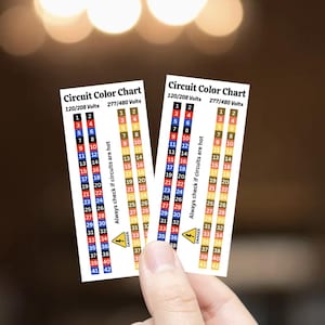 May include: Two circuit color chart cards, held by a hand, with a blurred background. The cards display color-coded wiring diagrams for 120/208 and 277/480 volt systems. Text includes "Always check if circuits are hot" and a "Danger" symbol.