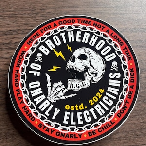 Gnarly Electricians Sticker, Hardhat Sticker, 3 inch Round Hard Hat Sticker, Electrician Apprentice, Electrician Journeyman