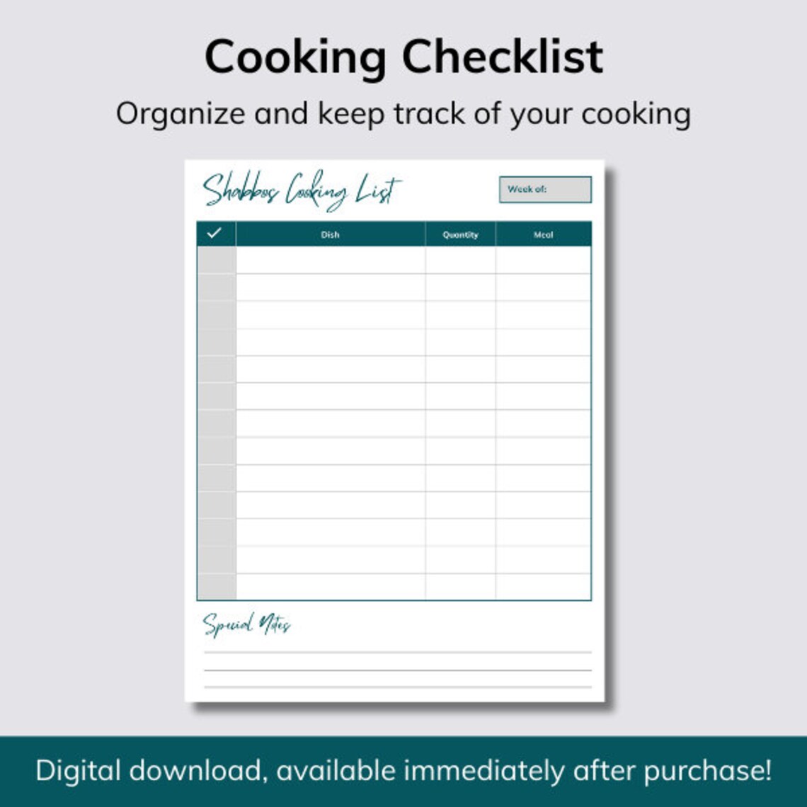 Shabbos Meal Planner, Printable Menu Planner, Grocery Lists, Cooking Checklist Shabbat Printable ...
