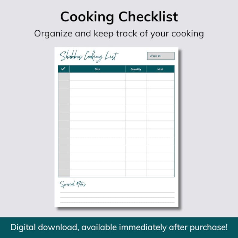 Shabbos Meal Planner, Printable Menu Planner, Grocery Lists, Cooking ...