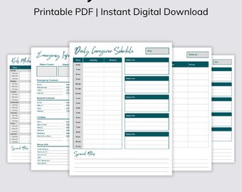 May include: Printable babysitter guide with three pages: a daily caregiver schedule, a weekly schedule, and an emergency information sheet. The pages are white with teal borders and text.