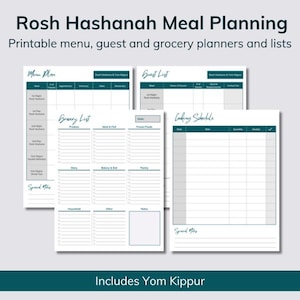 Rosh Hashanah printable menu planners for the High Holidays. Meal planner, guest list, and grocery lists. Instant download of printable pdf!