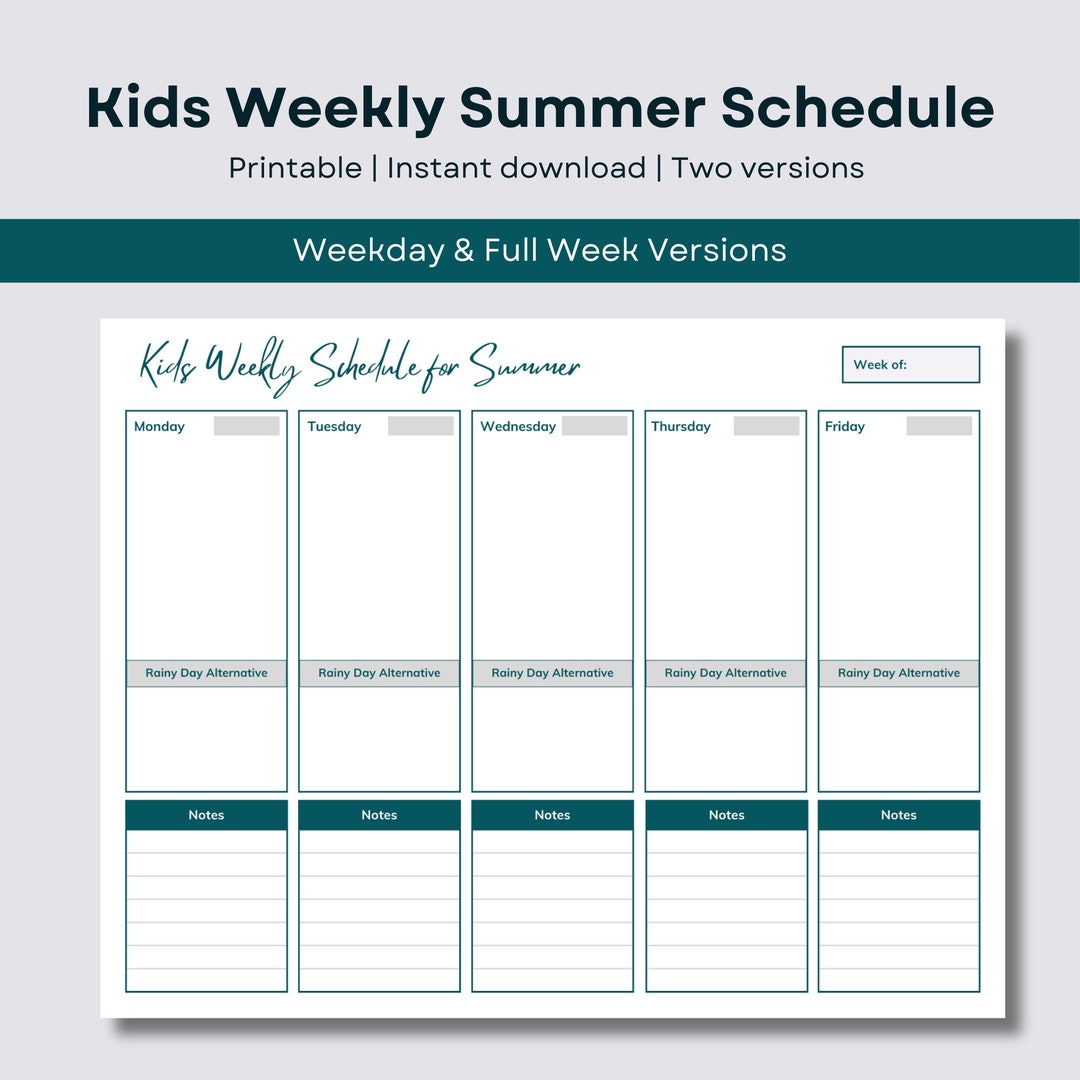 Weekly Summer Schedule for Kids, Summer Calendar Kids Summer Schedule ...