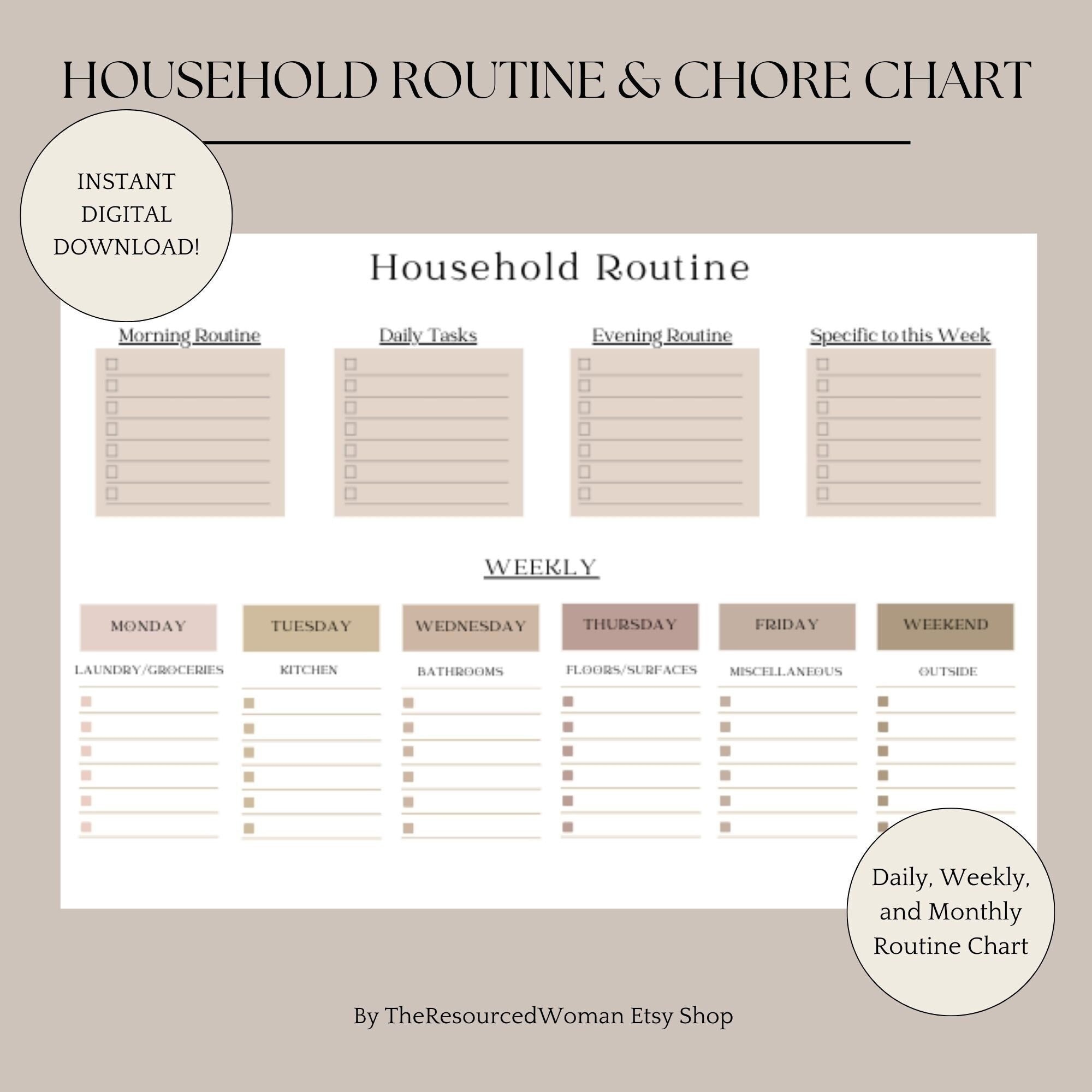Household Routine and Chore Chart | Weekly, Monthly, Yearly Cleaning Schedule List | Digital ... - Creating A Routine For Household Chores