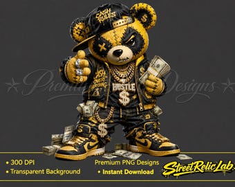 Stitched Bear PNG, Hip Hop Money Bear, Urban Streetwear Design (Digital Download)